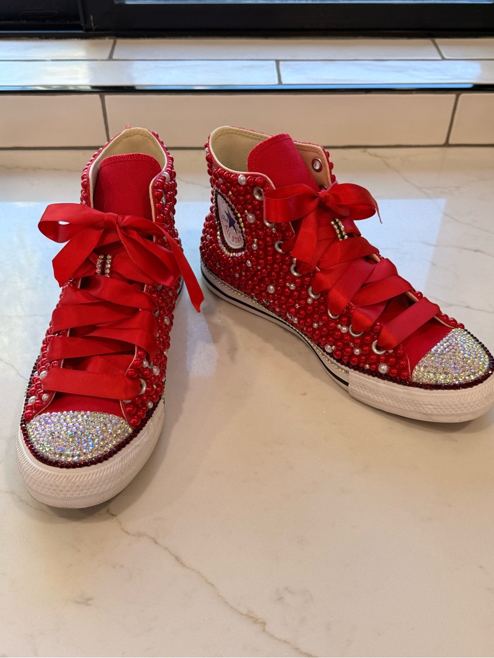 Converse Red Crystal & Pearl High-Top Sneakers - Picture 2 of 8